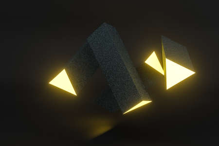 3d rendering, yellow glowing triangle pillar with dark background, Computer digital background.