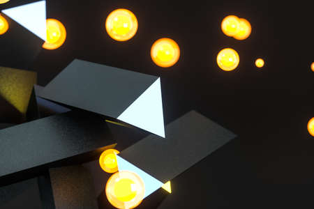 3d rendering, yellow glowing triangle pillar with dark background, Computer digital background.