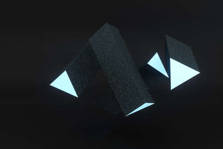 3d rendering, blue glowing triangle pillar with dark background, Computer digital background.