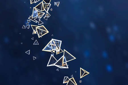 3d rendering, glowing triangle cube with dark background. Computer digital background.の写真素材