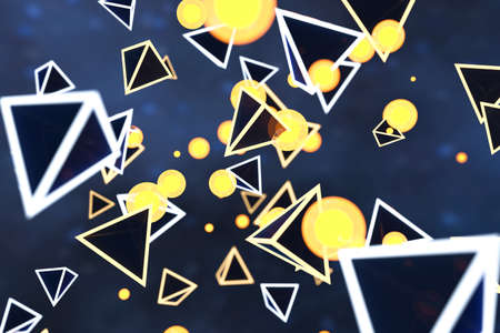 3d rendering, glowing triangle cube with dark background. Computer digital background.の写真素材
