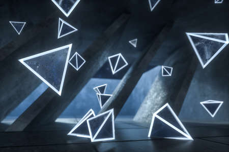 3d rendering, glowing magic triangles in abandoned room, dark background. Computer digital background.の写真素材