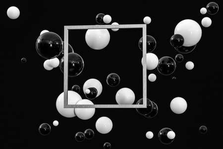 3d rendering, black and white balls with frame in the middle. Computer digital background.の写真素材