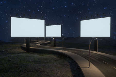 Blank advertising board and winding road, 3d rendering. Computer digital background.