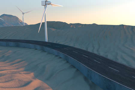 Windmills and winding road in the open, 3d rendering. Computer digital background.