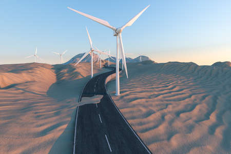 Windmills and winding road in the open, 3d rendering. Computer digital background.の写真素材