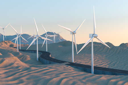 Windmills and winding road in the open, 3d rendering. Computer digital background.の写真素材