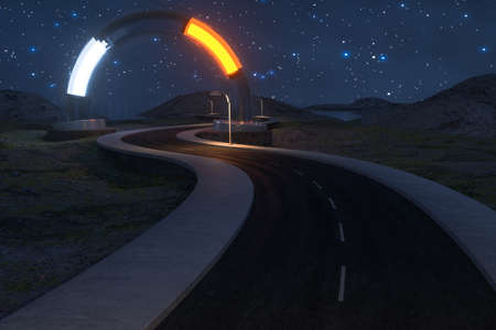 The waving road and the round magic entrance, 3d rendering. Computer digital background.の写真素材