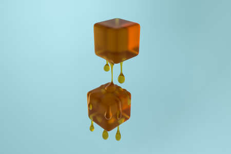 Melting honey cube with liquid drop details, 3d rendering.の写真素材
