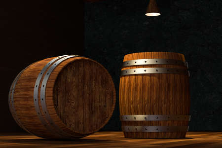 Wooden cellar with barrels inside, vintage beverage warehouse, 3d rendering.