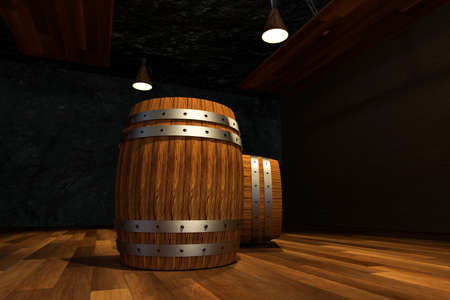 Wooden cellar with barrels inside, vintage beverage warehouse, 3d rendering.