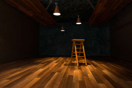 Wooden cellar with ladder and ceiling lamp inside, vintage warehouse, 3d rendering.の写真素材