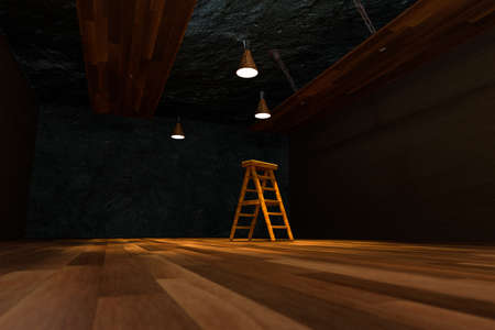 Wooden cellar with ladder and ceiling lamp inside, vintage warehouse, 3d rendering.の写真素材
