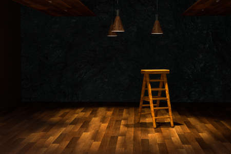 Wooden cellar with ladder and ceiling lamp inside, vintage warehouse, 3d rendering.の写真素材