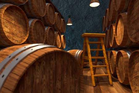 Wooden cellar with barrels inside, vintage beverage warehouse, 3d rendering.