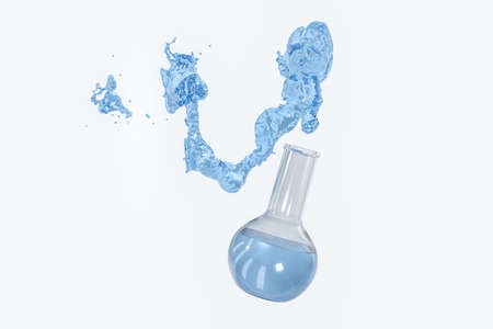Chemical equipment bottle and splashing liquid, 3d rendering. Computer digital image.