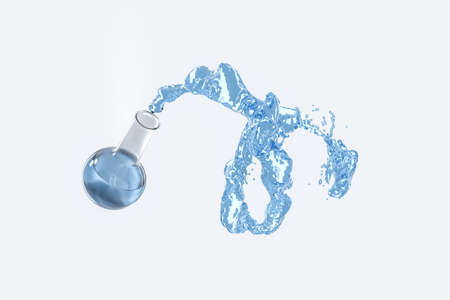Chemical equipment bottle and splashing liquid, 3d rendering. Computer digital image.