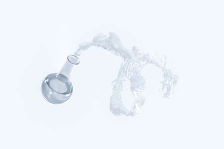 Chemical equipment bottle and splashing liquid, 3d rendering. Computer digital image.