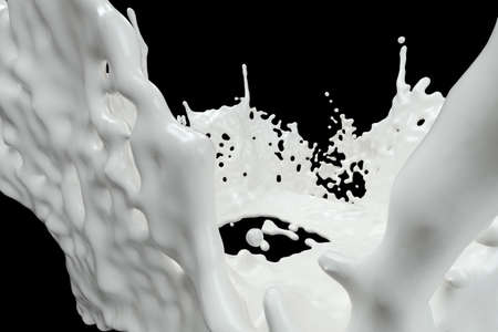 Purity splashing milk with black background, 3d rendering. Computer digital image.