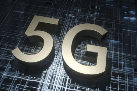 3d rendering, 5g font and circuit background, computer digital drawing.