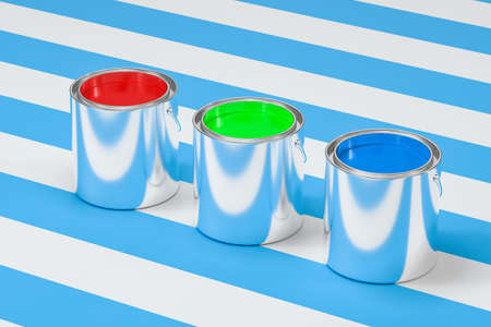 The buckets of colorful paint with white background, 3d rendering. 3d rendering. Computer digital drawing.の写真素材