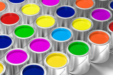 The buckets of colorful paint with white background, 3d rendering. Computer digital drawing.