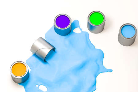 Cans of paint and blue paint spilled on the floor, 3d rendering.の写真素材