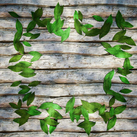 Leaves scattered on the wooden table, 3d rendering. Computer digital drawing.