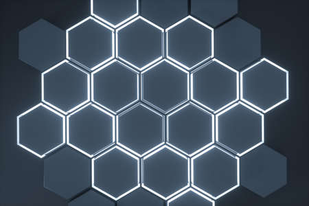 Dark hexagonal platforms connected together background, 3d rendering. Computer digital drawing.
