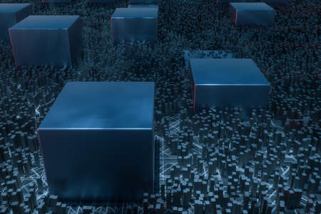 Dark technological lines background with cubes and lines, 3d rendering. Computer digital drawing.