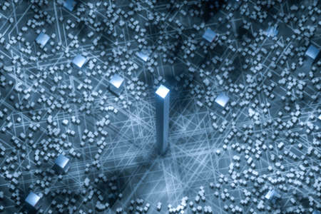 Dark technological lines background with cubes and lines, 3d rendering. Computer digital drawing.