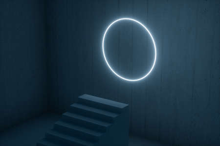 The stairway in the dark basement with glowing lines, 3d rendering. Computer digital drawing.の写真素材