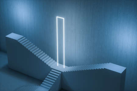 The stairway in the dark basement with glowing lines, 3d rendering. Computer digital drawing.