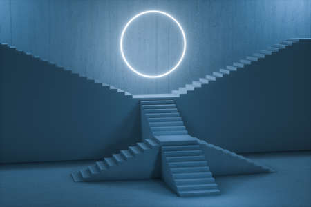 The stairway in the dark basement with glowing lines, 3d rendering. Computer digital drawing.