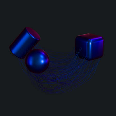 Connection lines with creative geometries, 3d rendering. Computer digital drawing.