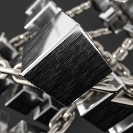 Metal chains and cubes background, 3d rendering. Computer digital drawing.