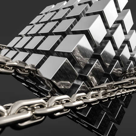 Metal chains and cubes background, 3d rendering. Computer digital drawing.