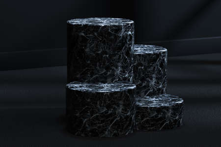 The marble cylinder platform in the dark room, 3d rendering. Computer digital drawing.の写真素材