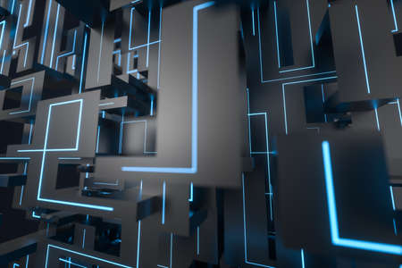Blue cyber space with crossed glowing lines, 3d rendering. Computer digital drawing.