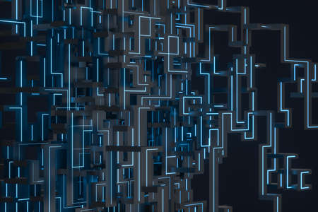 Blue cyber space with crossed glowing lines, 3d rendering. Computer digital drawing.