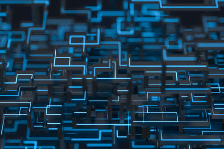 Blue cyber space with crossed glowing lines, 3d rendering. Computer digital drawing.の写真素材