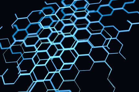 Blue hexagon and glowing lines crossed, 3d rendering. Computer digital drawing.