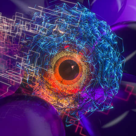 Abstract mechanical eyeball with high-tech line, 3d rendering. Computer digital drawing.の写真素材
