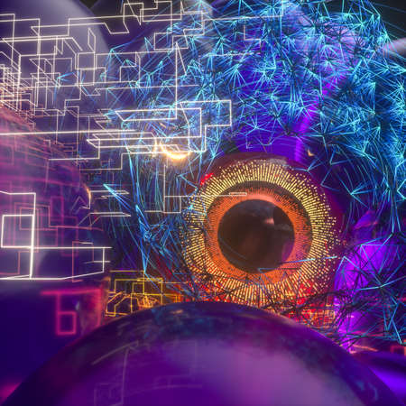 Abstract mechanical eyeball with high-tech line, 3d rendering. Computer digital drawing.の写真素材
