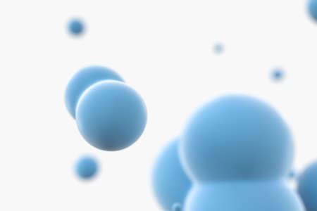 Blue spheres and molecular model, random distributed, 3d rendering. Computer digital drawing.