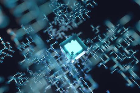 Glowing lines and cubes, technical and scientific background, 3d rendering. Computer digital drawing.の写真素材