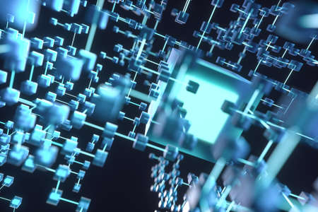 Glowing lines and cubes, technical and scientific background, 3d rendering. Computer digital drawing.の写真素材