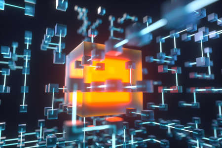 Glowing lines and cubes, technical and scientific background, 3d rendering. Computer digital drawing.の写真素材