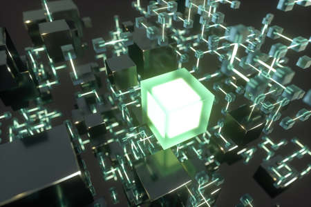 Glowing lines and cubes, technical and scientific background, 3d rendering. Computer digital drawing.の写真素材