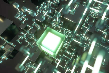 Glowing lines and cubes, technical and scientific background, 3d rendering. Computer digital drawing.の写真素材